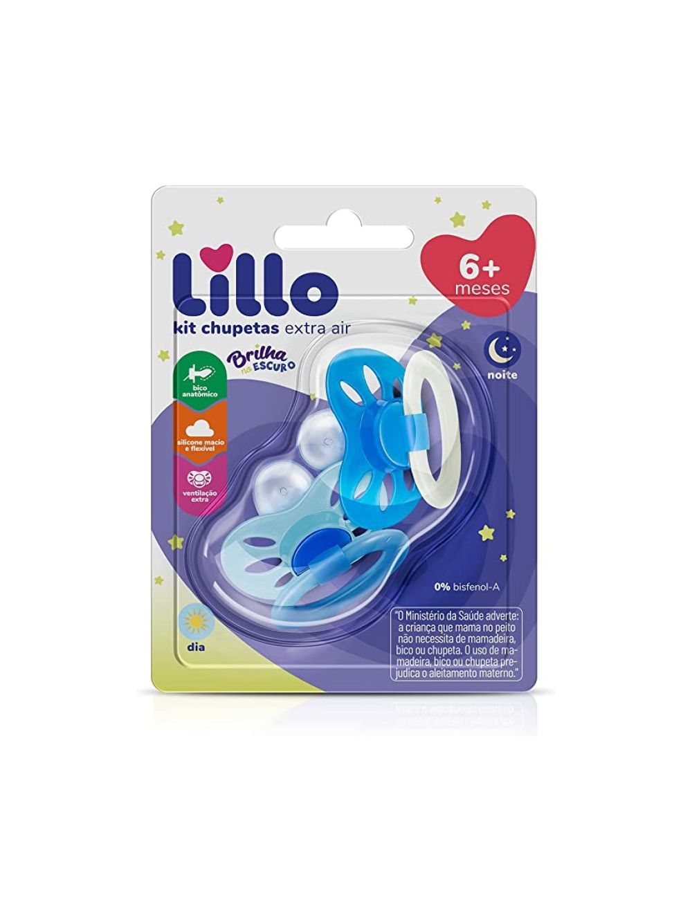 Kit Lillo com 2 Chupetas Extra Air Brilha No Escuro Azul