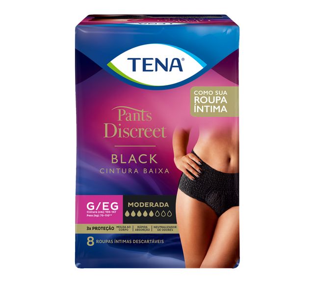 Calcinha Descartável Tena Pants Discreet Preta G/EG 16 Unidades